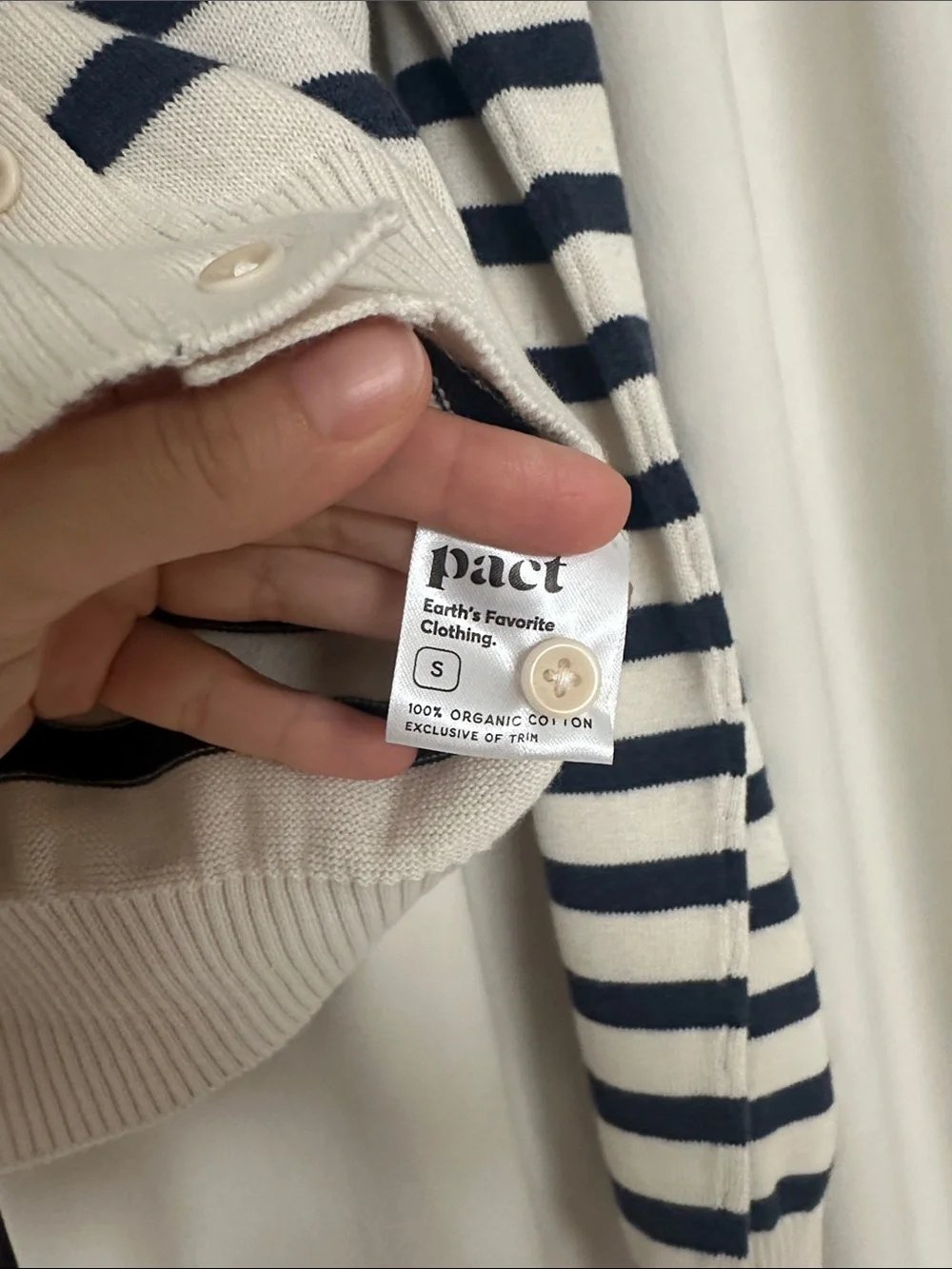 PACT Organic Cotton Striped V-Neck Cardigan Sweater Cream Navy S NWT